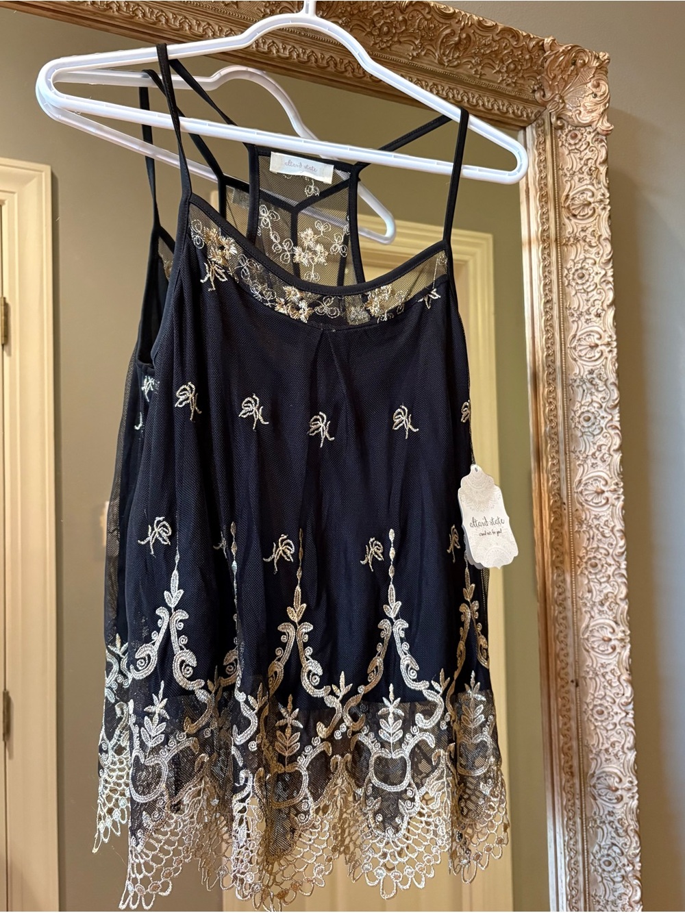 Altar'd State Black Camisole with Gold Lace Embroidery